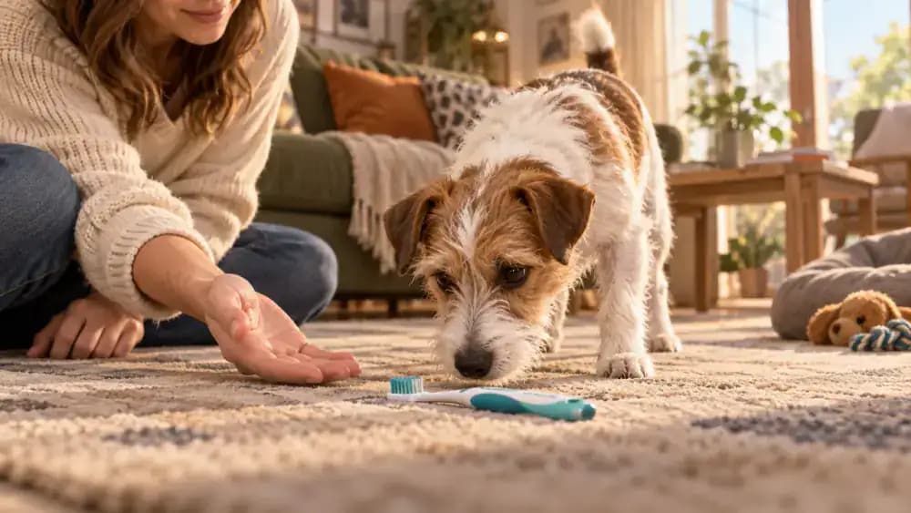 Small terrier voluntarily sniffing a pet toothbrush on the living room floor beside its owner's open palm