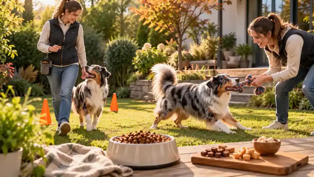 Australian Shepherd practicing heel with its owner in a sunny enclosed garden, beside a training station with measured treats, kibble, and a colorful tug toy.
