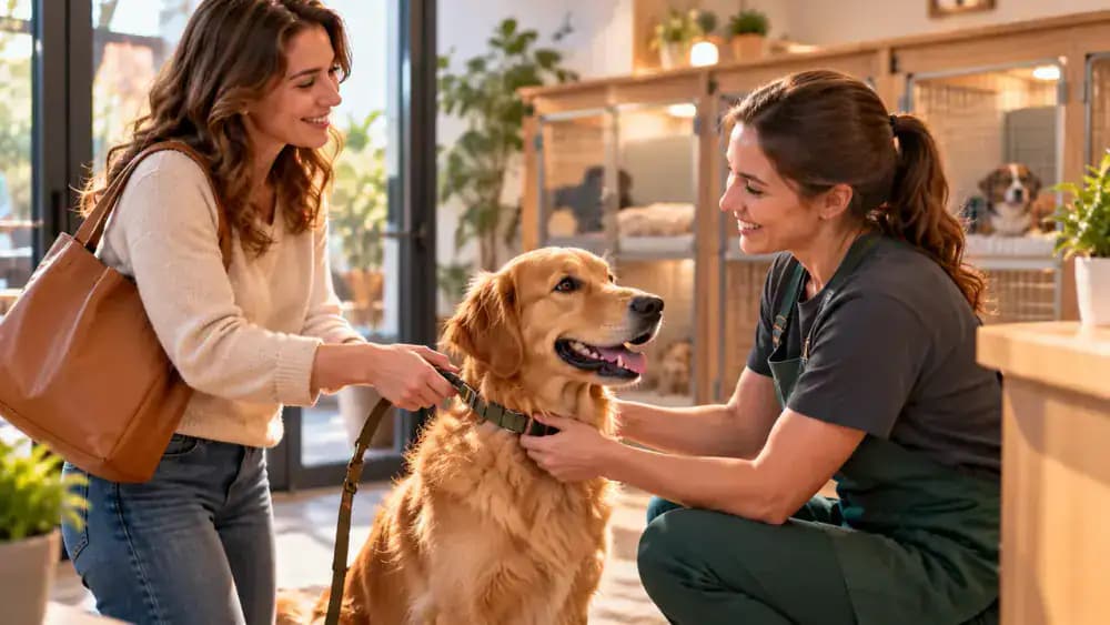Pet owner arriving at a boarding facility with a leashed dog and organized supplies, reviewing care instructions with a caregiver before giving the dog a gentle goodbye.