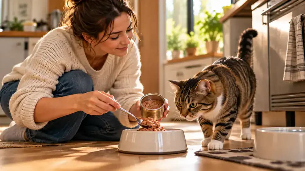 Owner serving a modest portion of wet cat food with a clean stainless steel spoon into a ceramic bowl as a tabby cat approaches and a Golden Retriever rests on a nearby mat.