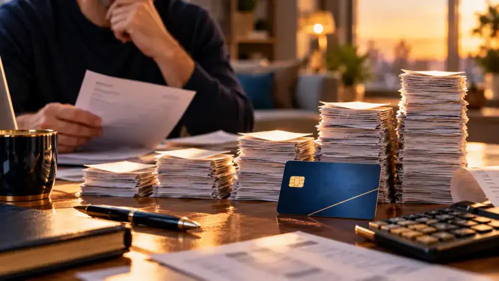 Credit card beside accumulating unpaid bills and an amber warning light representing 60-day delinquency.
