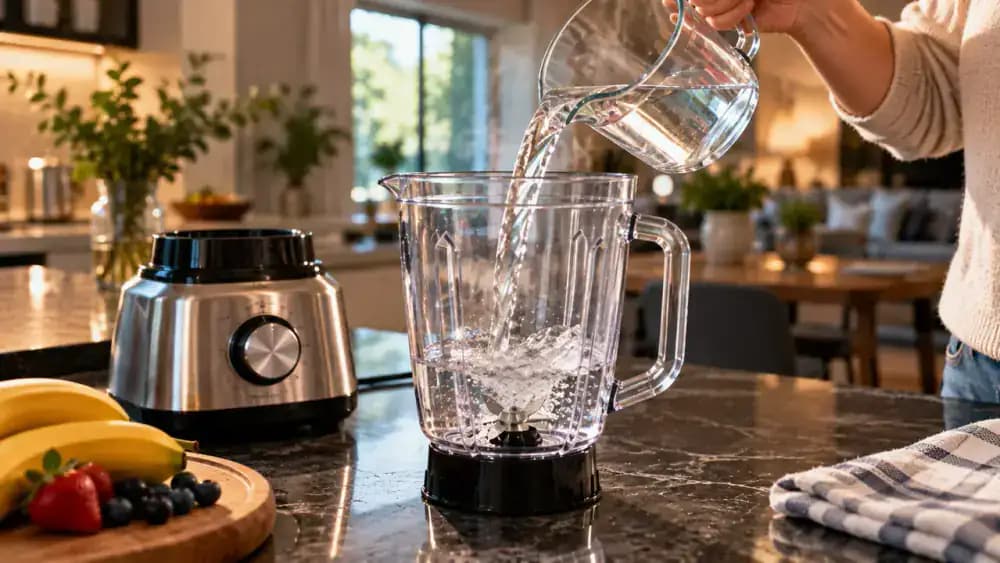 Close-up of an adult pouring measured warm water from a transparent measuring cup into an upright blender jar, with water covering the stationary blades below the manufacturer's cleaning fill limit on a dark kitchen countertop.