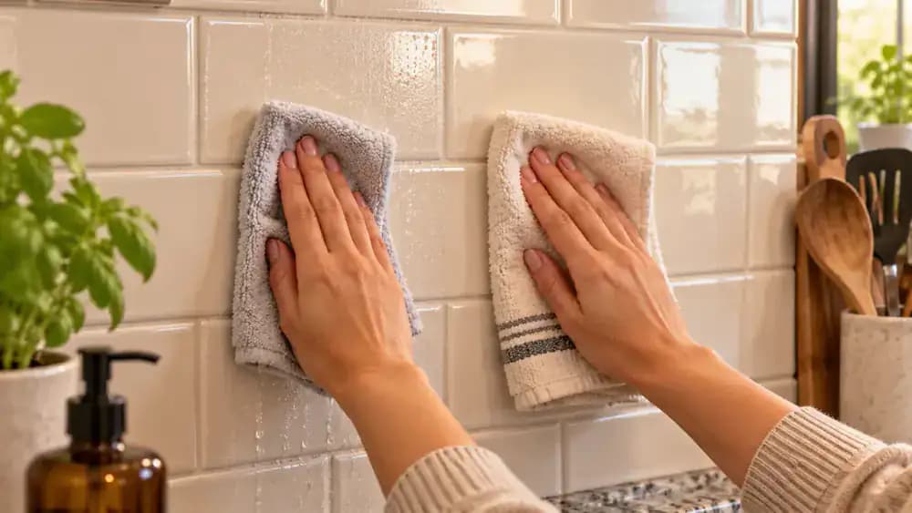 Close-up of a kitchen backsplash being wiped top to bottom with a lightly damp microfiber cloth while a second dry microfiber towel follows, with nearby seams and an electrical outlet kept dry.