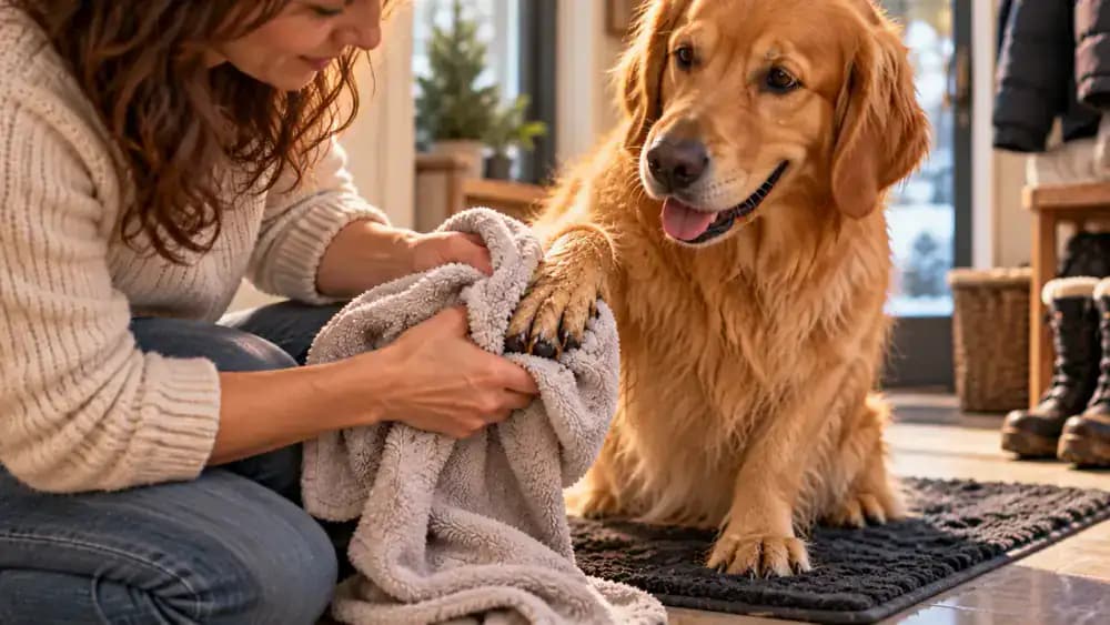 Owner seated on a low stool gently drying a calm golden retriever's front paw with a plush white towel, with treats nearby.