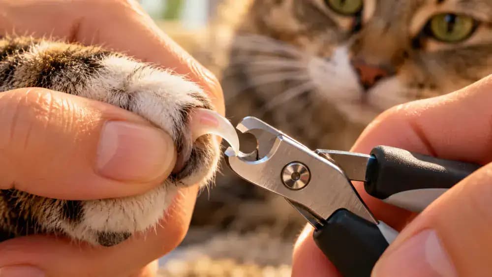 Close-up of a calm cat's extended translucent claw with the pink quick visible as its owner carefully trims only the sharp curved tip using cat nail clippers.