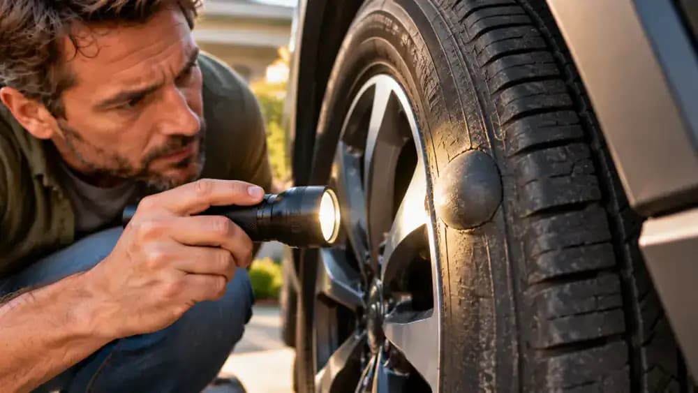 Close-up of a driver using a handheld flashlight to inspect cracking and a noticeable bulge on the sidewall of a parked SUV tire.