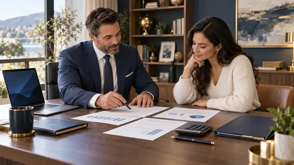 Lender and borrower discussing loan paperwork during a professional meeting.