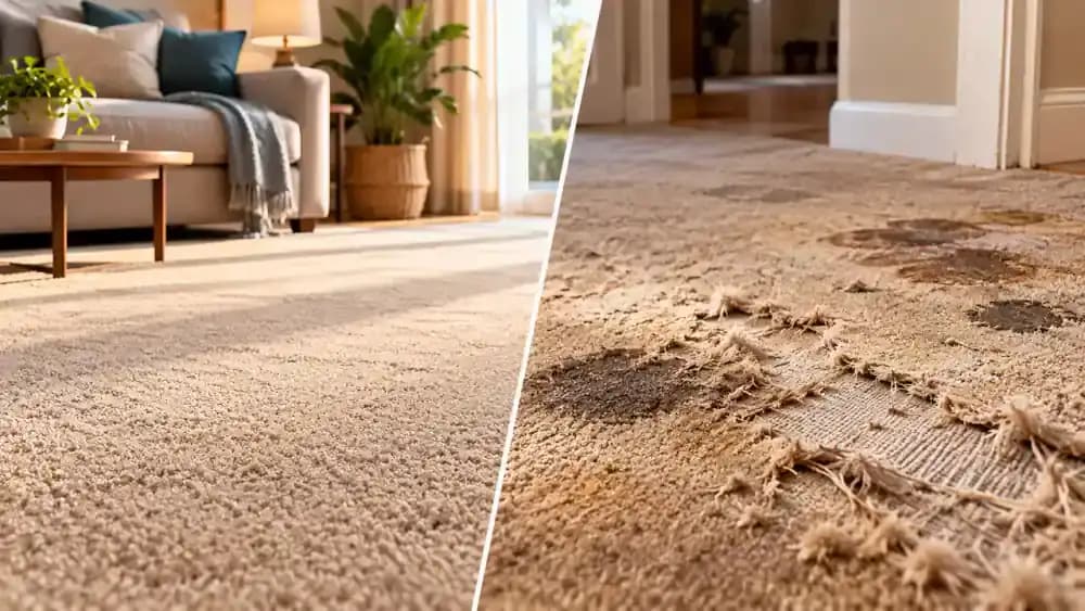 Side-by-side comparison of gently worn apartment carpeting and carpeting with substantial damage.
