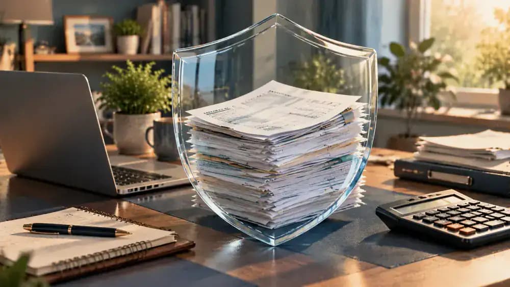 Tax documents protected by a transparent shield on a clean office desk.