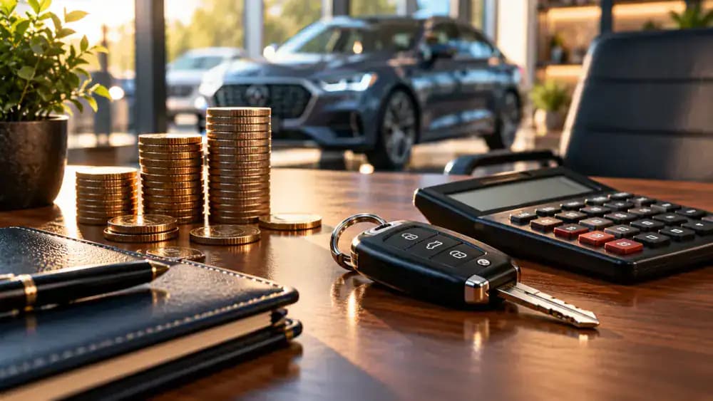 Stacks of coins, car key, and calculator illustrating dealership financing compensation.
