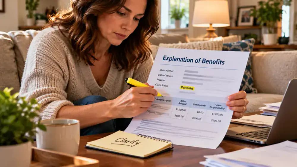 Adult seated on a living room sofa highlighting the Pending status on a fictional health insurance Explanation of Benefits and writing Clarify on a note card.