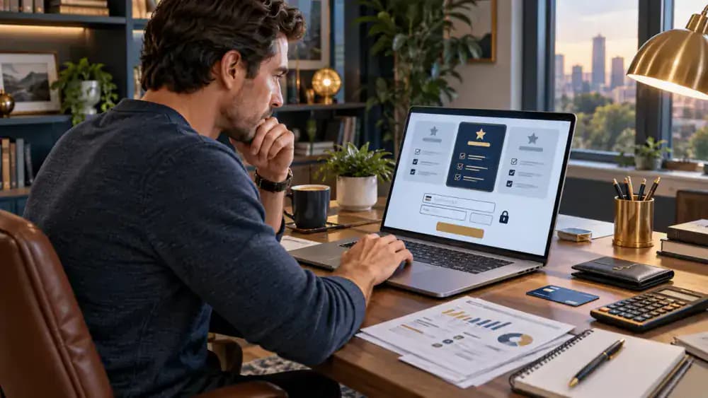 Consumer carefully reviewing subscription terms before purchase