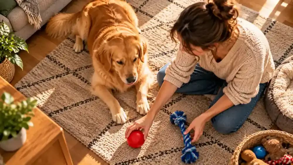 Owner rearranging a red ball and blue rope toy on a floor mat while helping a dog practice toy-name recognition.