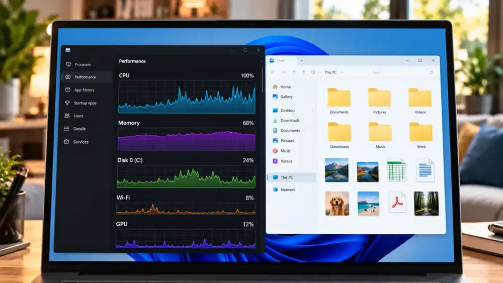 Windows 11 Task Manager in dark mode displaying CPU, Memory, and Disk performance graphs beside a File Explorer window, illustrating how resource usage changes when opening a folder.