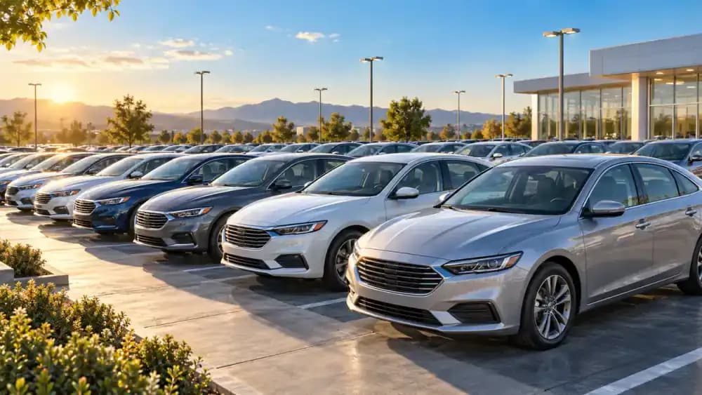 American dealership parking lot containing several similar used sedans.