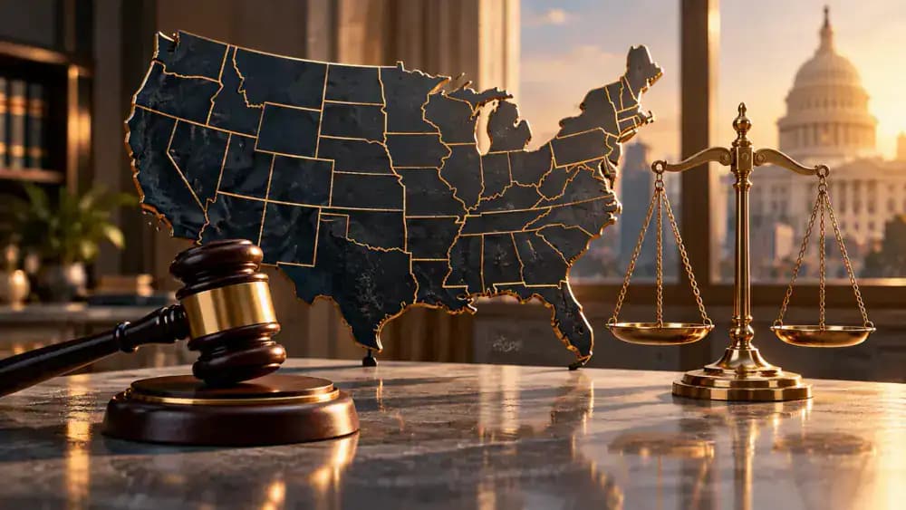 United States map silhouette beside a courthouse gavel and balanced justice scales.