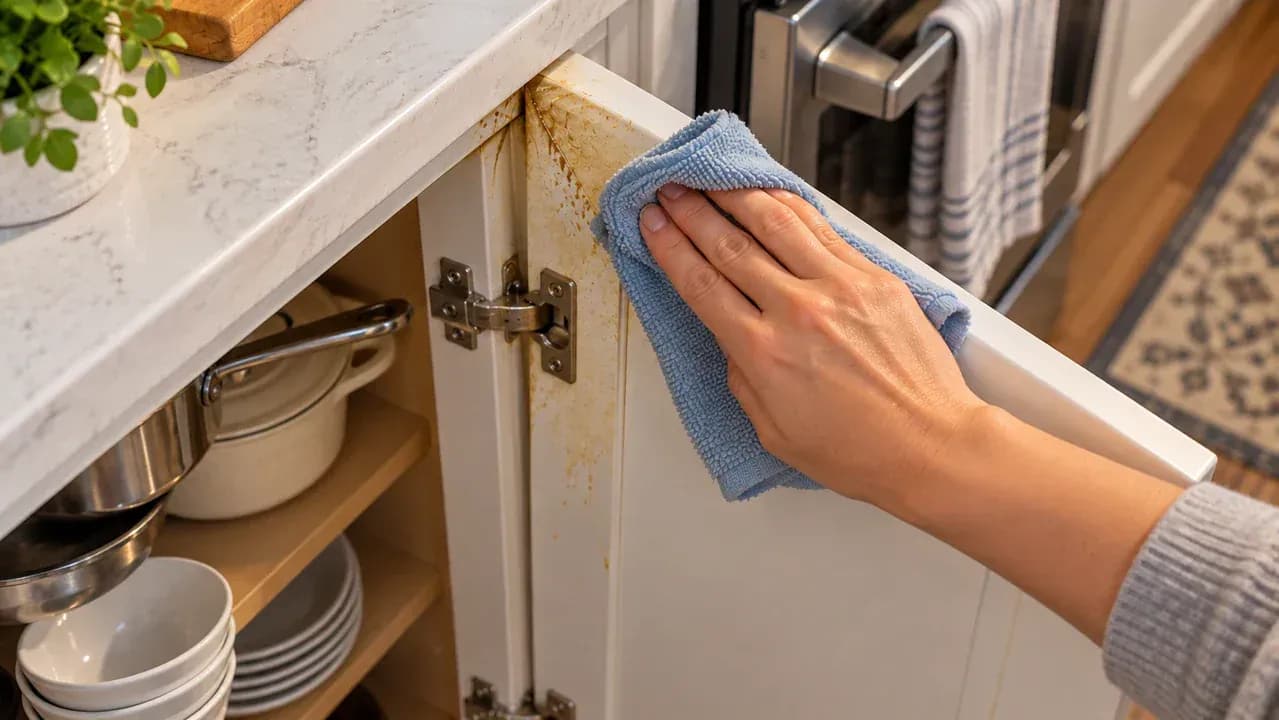 Close-up of a freshly wrung microfiber cloth gently wiping a small greasy patch on the upper corner of a painted cabinet while the surrounding surface stays dry and a towel sits below.