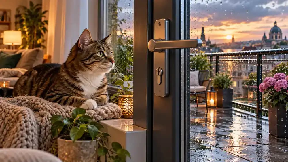 Owner inspecting balcony enclosure anchors after rainy weather, followed by a safety checklist highlighting professional installation, regular inspections, and supervision, before a cat relaxes on an indoor window perch behind a closed window.