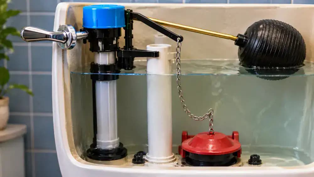 Side cutaway view of an open American toilet tank showing the metal flush chain connecting the handle lever to the rubber flapper, with approximately half an inch of slack highlighted and the flapper resting on its valve seat.