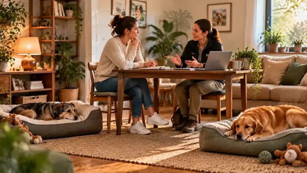 Two dogs resting calmly in separate comfortable areas while their owner supervises nearby, followed by a consultation with a qualified dog behavior professional.