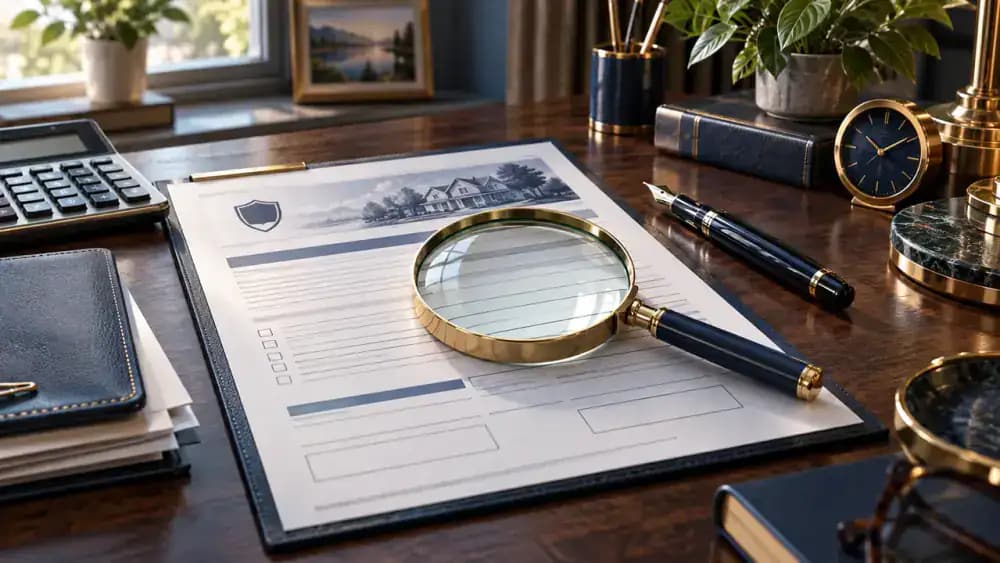 Insurance policy documents examined with a magnifying glass.