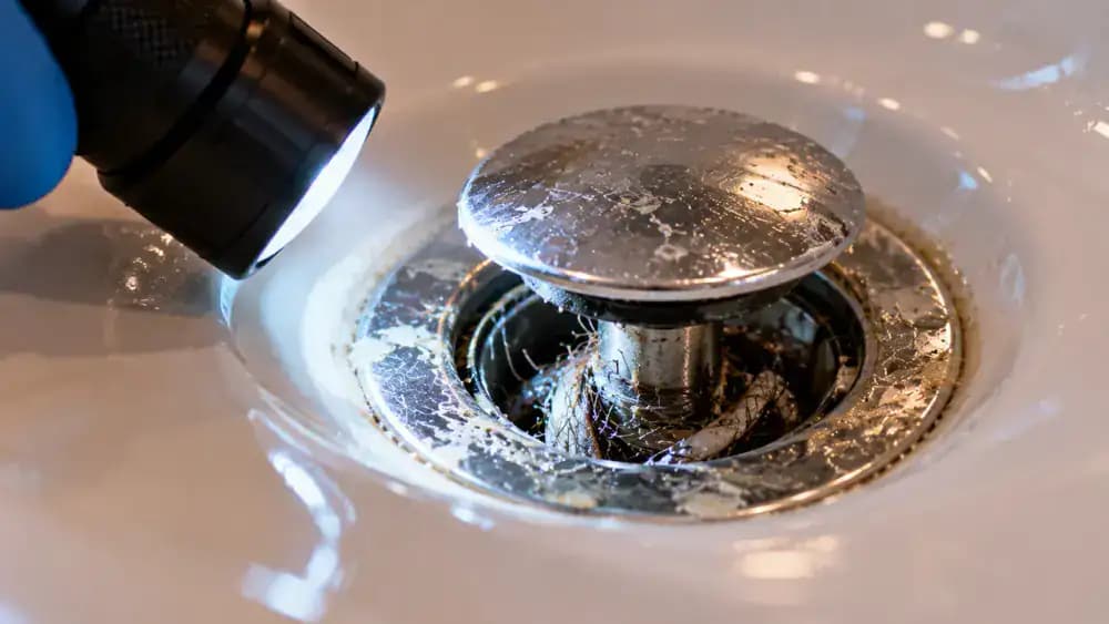 Close-up of a gloved homeowner shining a flashlight around a chrome bathroom sink pop-up stopper, revealing hair strands and soap residue near the drain opening while the stopper is gently raised using its lift rod.