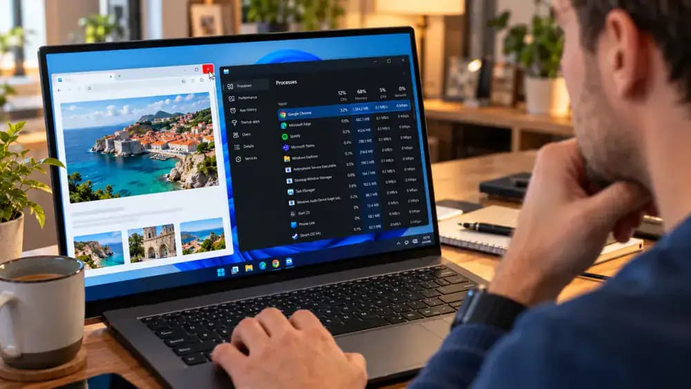 Windows 11 desktop monitor showing Task Manager with a resource-heavy web browser highlighted, while the browser is closed normally using its upper-right Close button.
