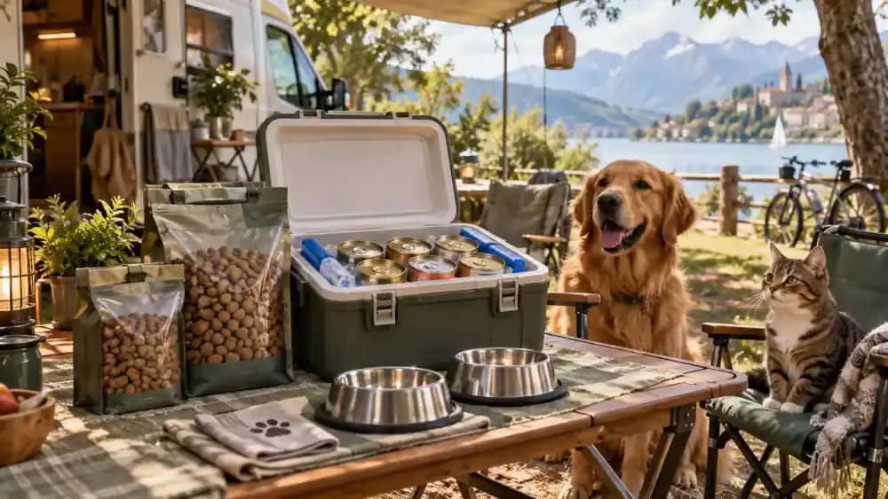 Sealed dry pet food container and unopened wet food portions stored beside a small cooler