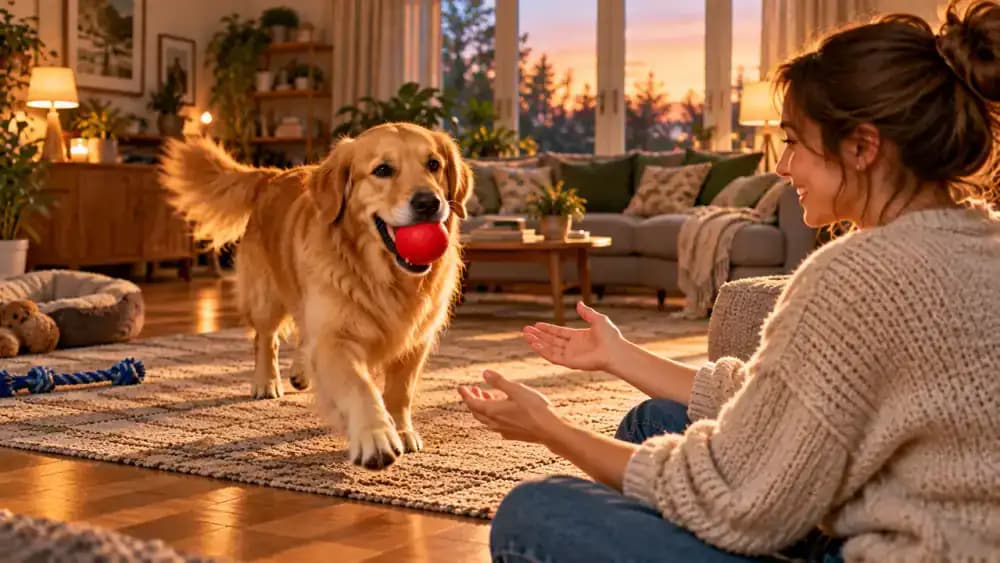 Golden retriever bringing a red ball to its smiling owner during a relaxed game of fetch in a warm living room.