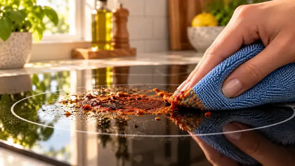 Extreme side-profile close-up of a hand gently lifting softened tomato sauce residue from a cooled black glass-ceramic electric cooktop using a folded microfiber cloth, with cream-colored cleaner and stubborn buildup still visible.