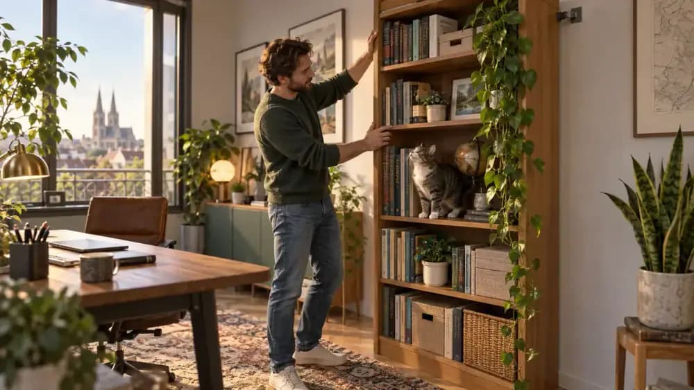 Tall bookcase anchored to the wall while a cat stands on a lower shelf and the owner checks stability