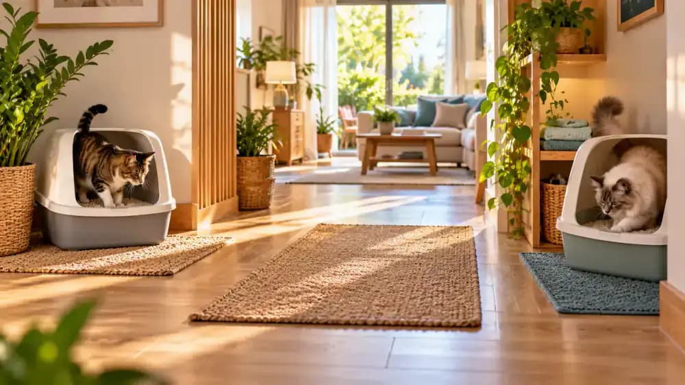 Cat-friendly home with multiple clean litter boxes in separate quiet locations, two cats exploring independently, and a weekly cleaning checklist showing completed scooping, litter checks, replacement, and washing tasks.