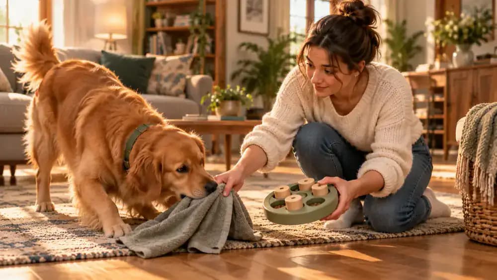 Owner removing a towel after a dog begins mouthing the fabric