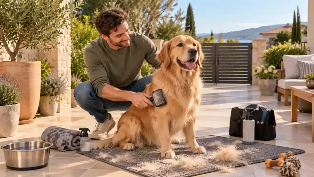 Dog being brushed safely on a tiled covered patio