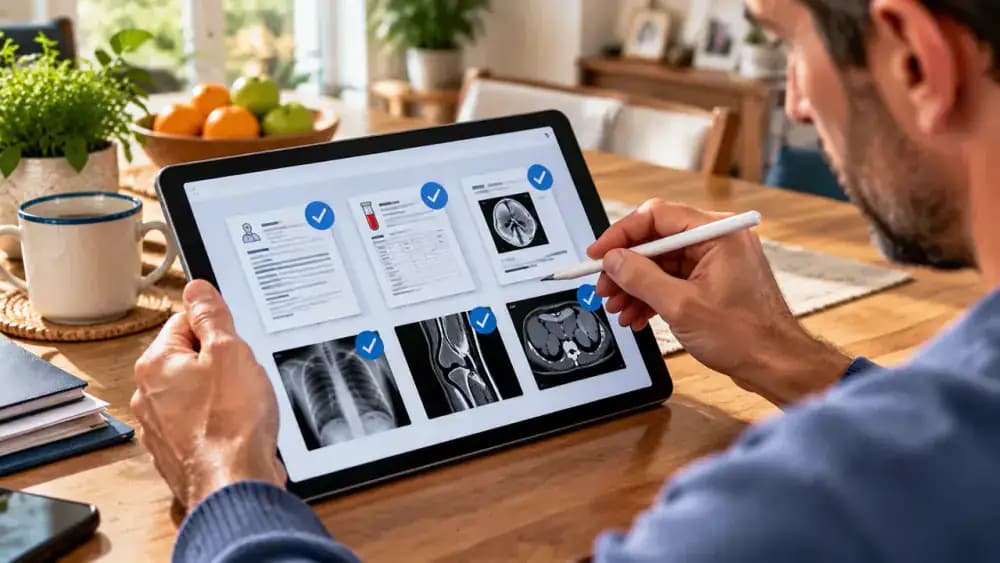 Patient using a stylus on a tablet to review a specialist's fictional records requirements form listing visit notes, lab reports, imaging reports, and original imaging files, with columns for date range, sender, and delivery method.