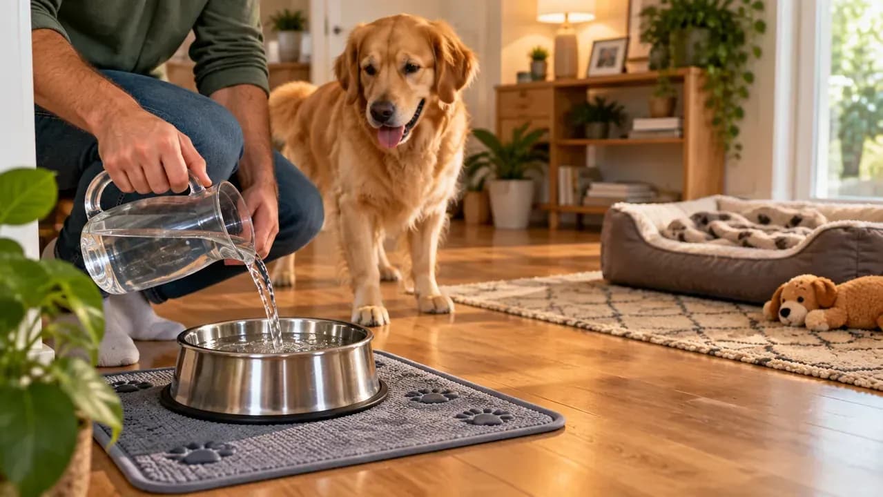 Heavy non-tip water bowl on a washable mat near a dog bed
