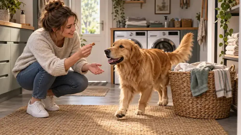 Golden retriever returning from a laundry basket to an owner offering calm praise and a treat