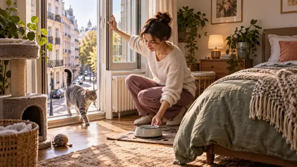Owner preparing a peaceful upstairs bedroom by closing a street-facing window, checking a ceramic water bowl, and adjusting a litter box while a gray tabby enters independently.