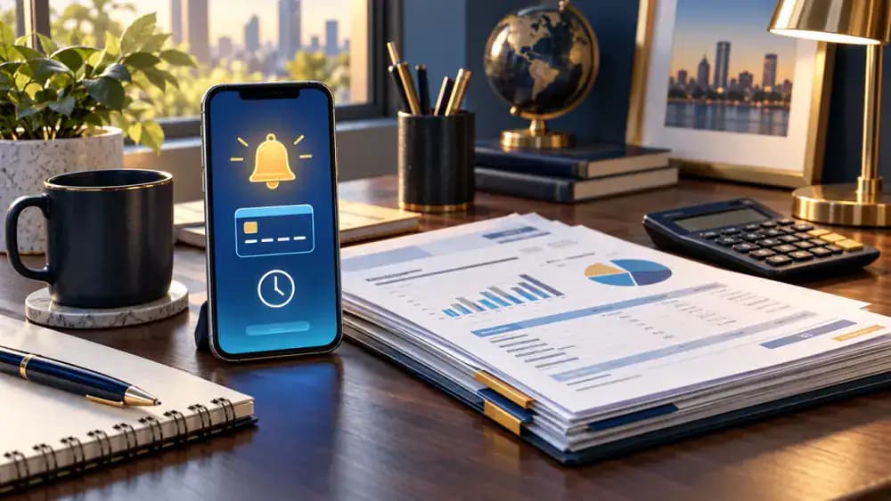 Phone displaying a loan payment alert beside account statements