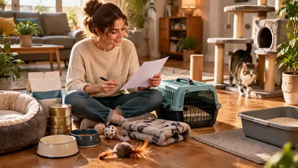 Adopter reviews a completed pet matching checklist beside a photograph of the chosen rescue animal, then prepares a quiet home corner with a comfortable bed, fresh water, and essential supplies.