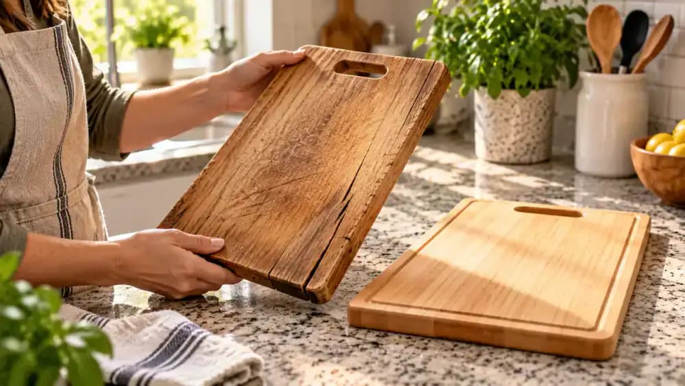 Hand inspecting a dry wooden cutting board under bright angled light for deep knife grooves, an edge crack, raised fibers, and warping beside a smooth replacement board.