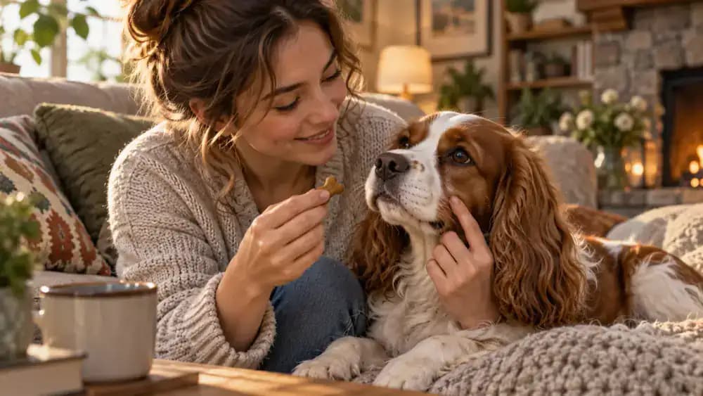 Owner gently touching a relaxed spaniel's cheek while offering a small treat on a sofa