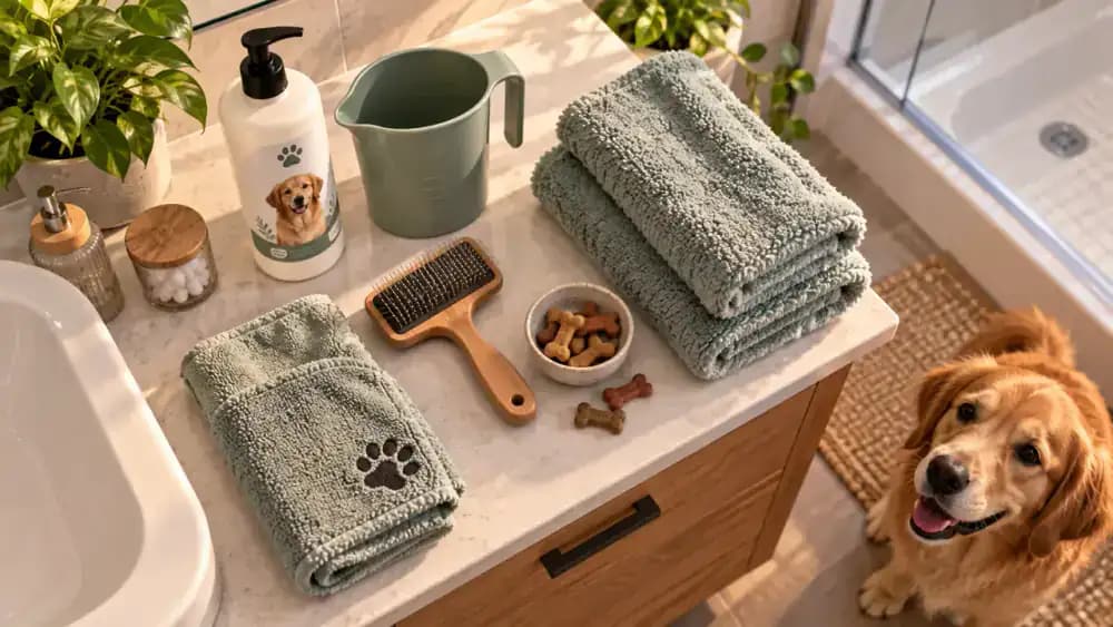 Overhead view of a bathroom counter with a dog shampoo bottle, plastic rinsing cup, grooming brush, dog treats, and neatly folded towels.