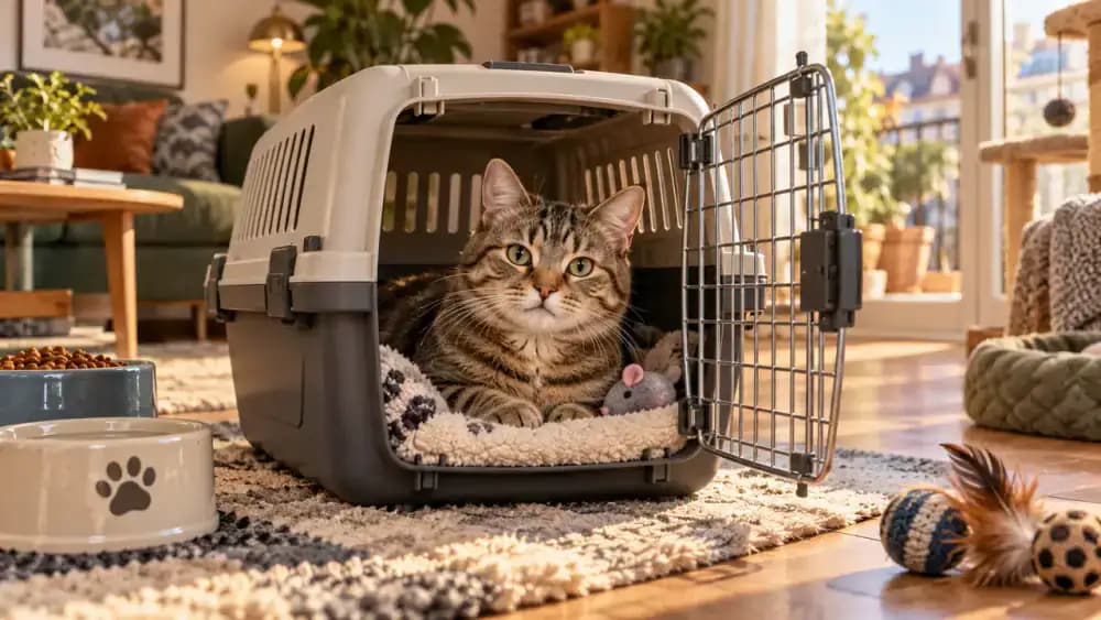 Cat resting calmly inside an open secured transport carrier