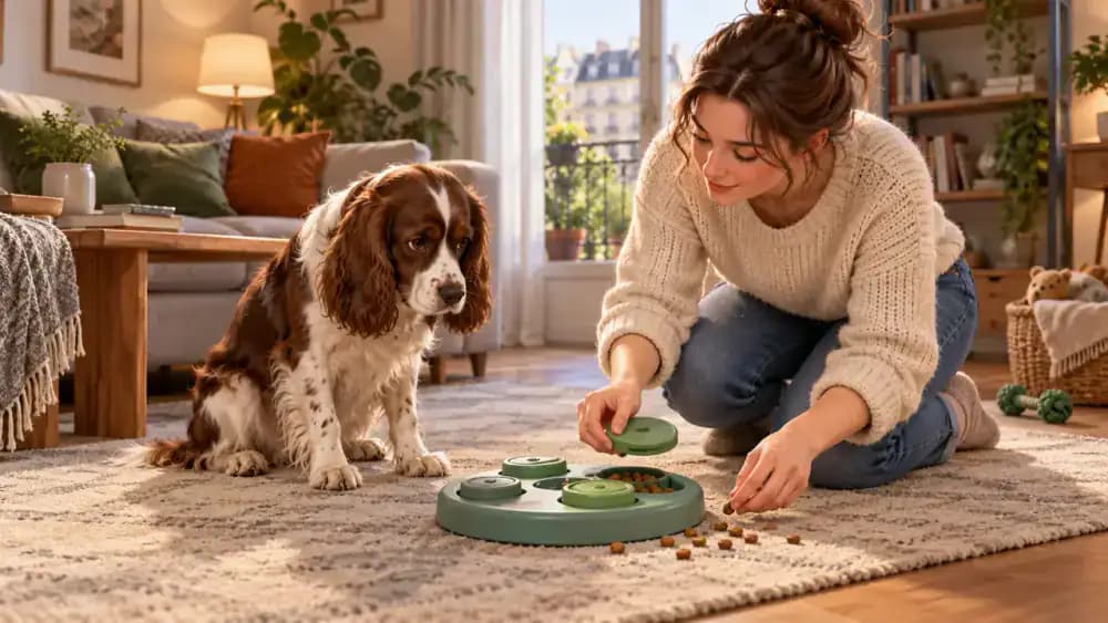 Owner simplifying a rotating dog puzzle and exposing some kibble
