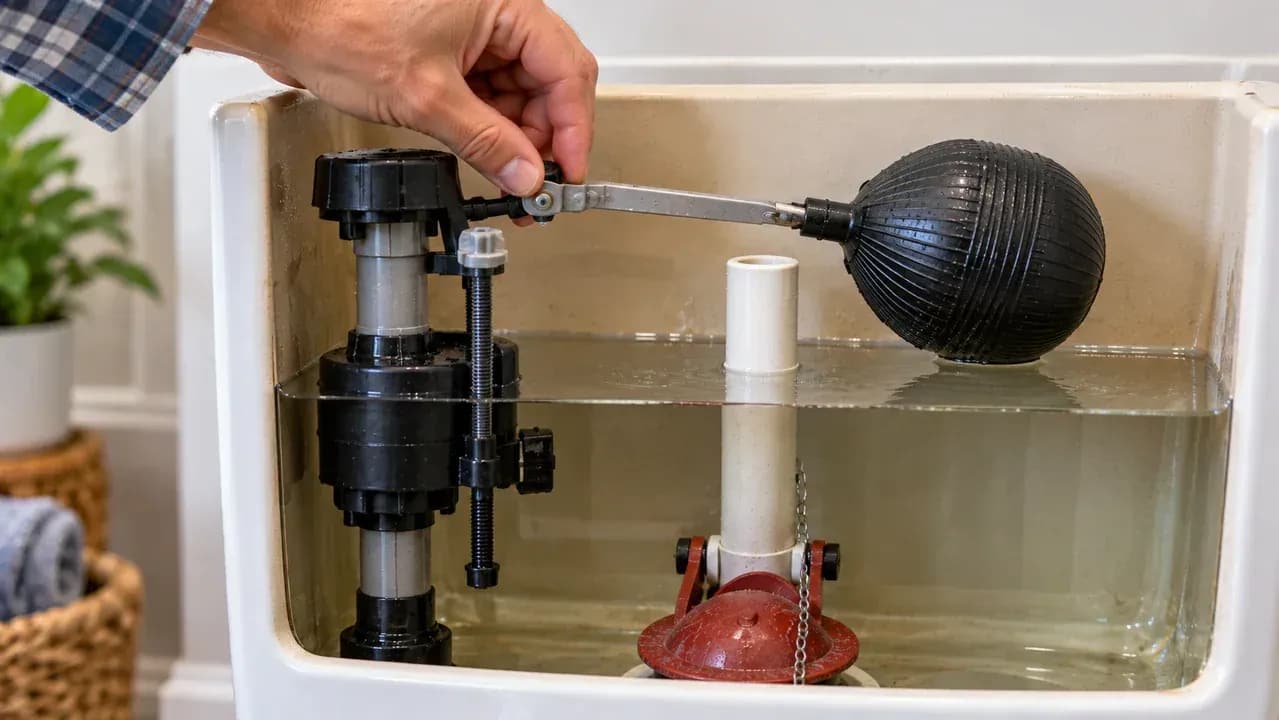 Open toilet tank viewed from the side with the overflow tube, fill valve, and float centered, showing a 1 inch gap below the overflow tube while a hand gently adjusts the float control.