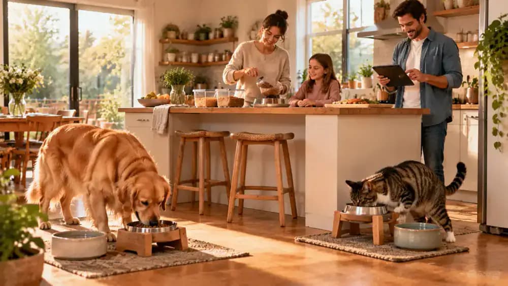 Golden Retriever eating at its designated station and tabby cat enjoying breakfast in a separate kitchen corner while family members prepare food and check completed meals on a refrigerator chart in warm morning sunlight.