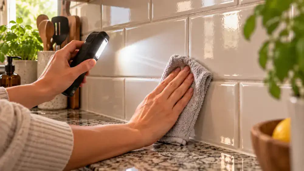 Low-angle view of a clean tile backsplash under side lighting as a hand uses a portable light to reveal a faint streak and wipes the spot with microfiber cloths.