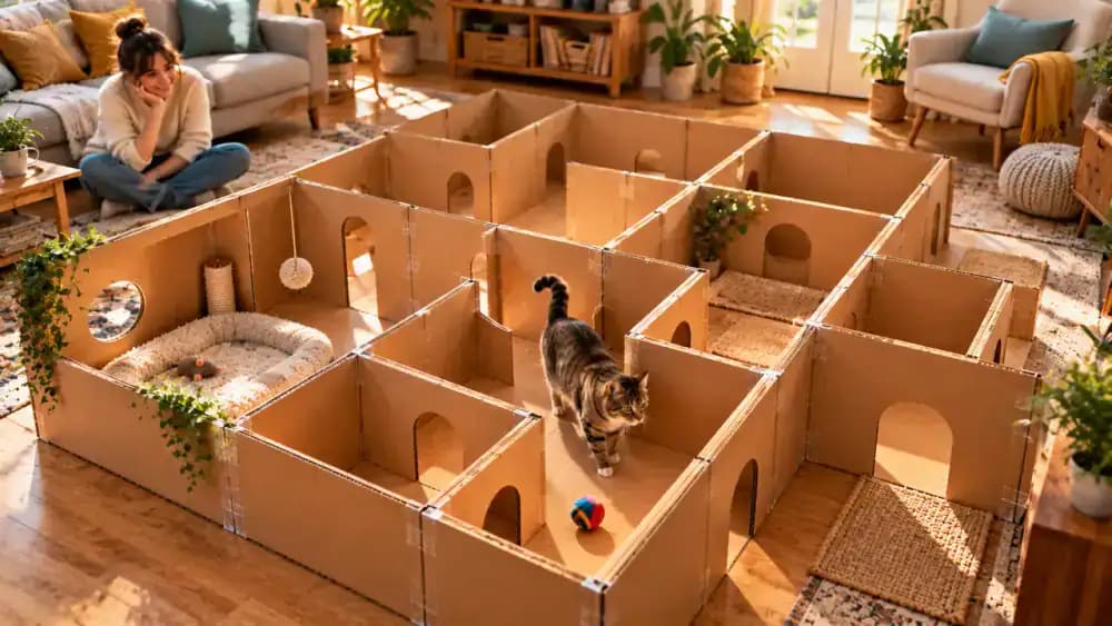 Owner rearranging a cardboard maze chamber, moving a cat toy, inspecting connecting joints, and removing damaged cardboard before a tabby explores and rests inside.
