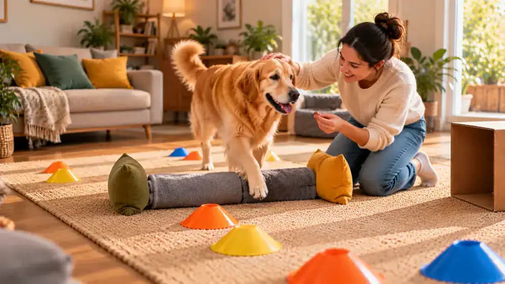Happy dog completing a three-station indoor obstacle course, receiving praise and treats from its owner, then relaxing on a dog bed as the equipment is put away.